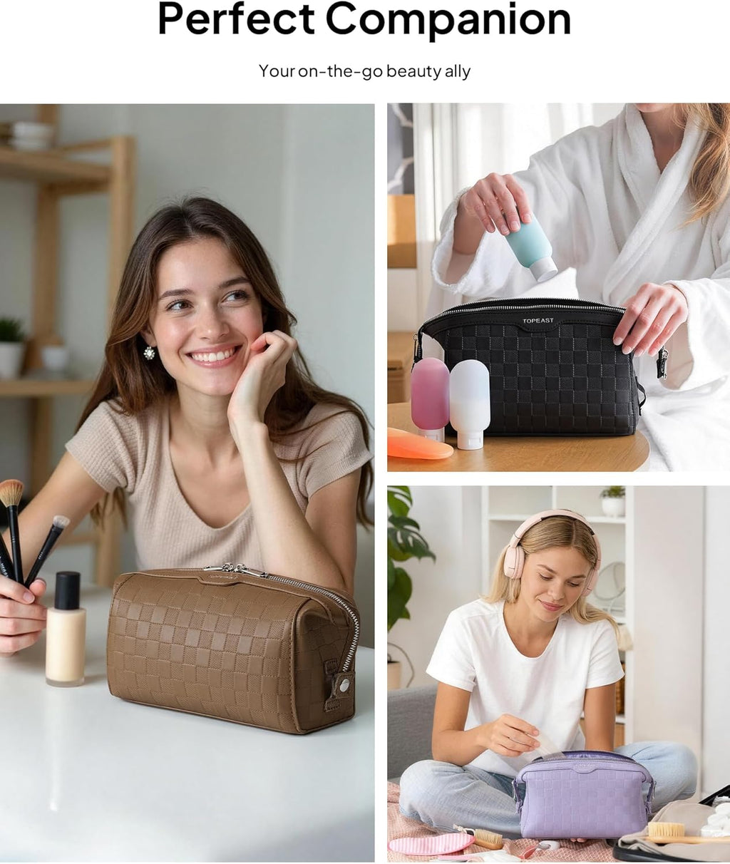 TOPEAST Travel Makeup Bag Cosmetic Bags for Women, 3 Pcs Set Make Up Toiletry Bag with Removable Zip Pouch, Waterproof Leather Makeup Brush Organizer for Travel Essentials, Purple
